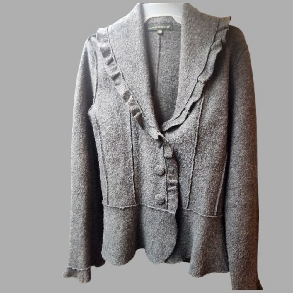 Harvey Bernard M Charcoal Wool Ruffled Cardigan